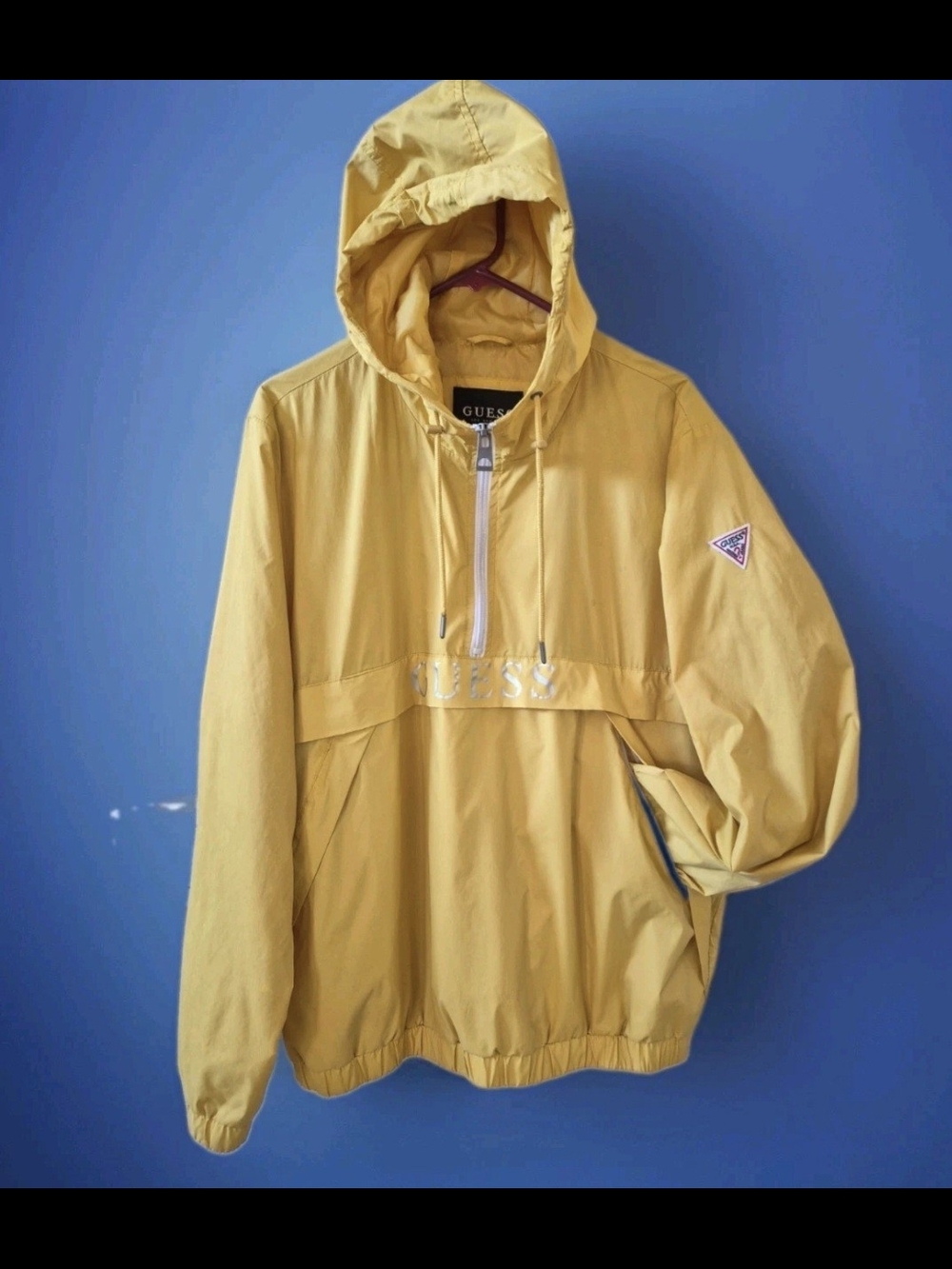 GUESS Men's L Yellow Hooded Windbreaker Jacket
